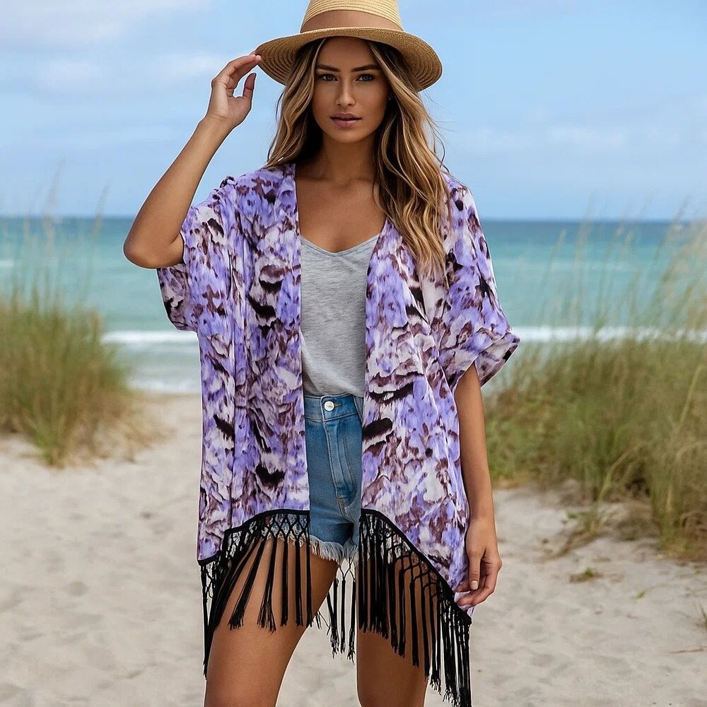 ASTR Purple White Floral Print Boho Fringe‎ Cardigan Kimono Small Festival